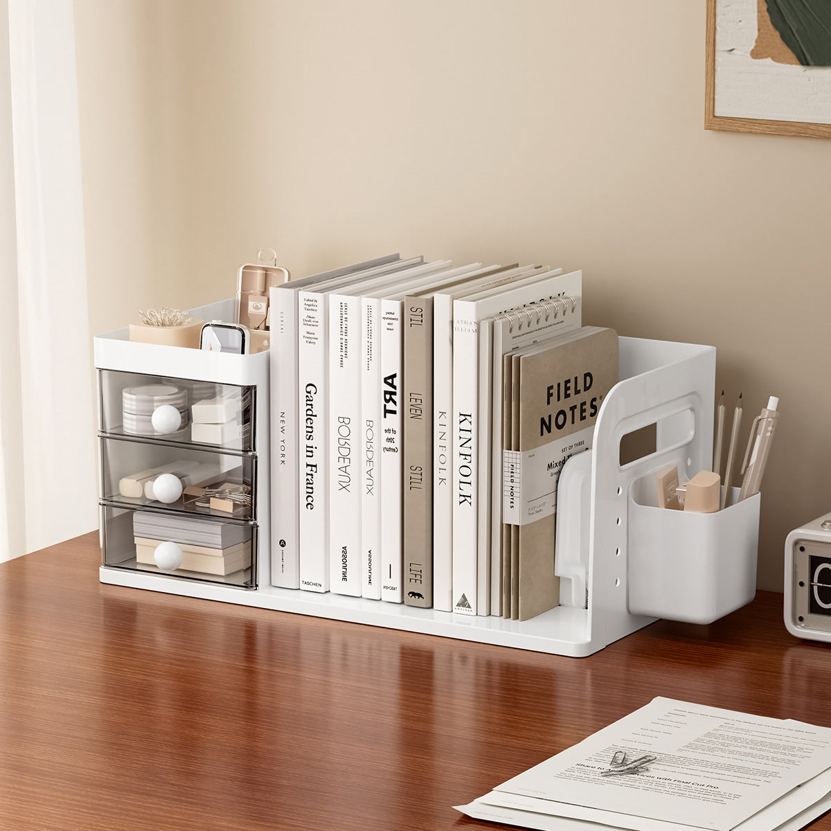 Expandable Bookends with Pen Holder, Anti-Tilt Desktop Organizer for Students
