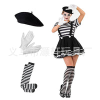 Halloween Clown Mime Costume Set with Hat, Gloves, Stockings, Suspenders, and Scarf