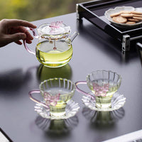 Pink Butterfly Transparent Glass Teacup with Handle and Saucer, Puer Tea Cup, Coffee Cup