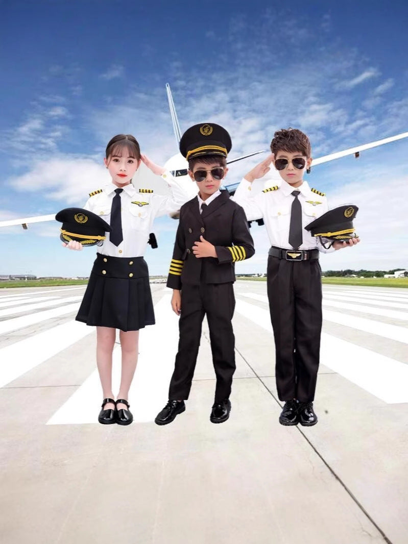 Kids Pilot Captain Stewardess Uniform Costume Set for Role Play and Performances