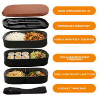 Wood Grain Double/Triple Layer Lunch Box Set with Compartments, Microwave Safe Bento Box for Students and Office