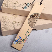 Exquisite Hand-Painted Floral Bird Wooden Bookmark with Pen Gift Set