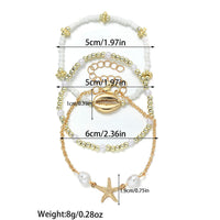 Fashion Ocean Style Alloy Shell Starfish Pendant Pearl Waterproof Waxed Cord Braided Elastic Women's Bracelet 3-Piece Set