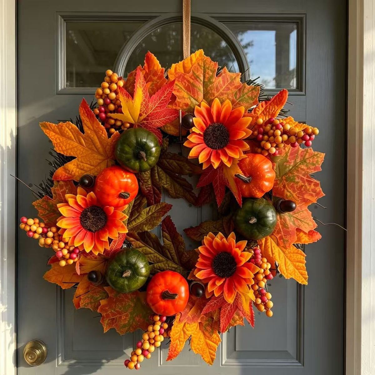 Autumn Harvest Sunflower Pumpkin Maple Leaf Wreath for Halloween & Thanksgiving Door Decor