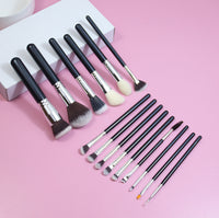 15-Piece Professional Makeup Brush Set with Animal Hair Bristles - Black & Silver