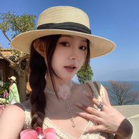 Women's French Flat Top Wide Brim Straw Fedora for Summer Beach & Garden Sun Protection