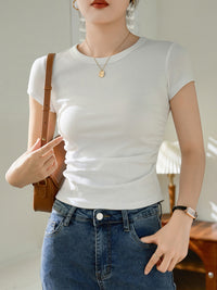 Women's Pleated Waist Cotton T-Shirt Short Sleeve Slimming Crop Top