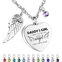 Cremation Urn Necklace with Heart Pendant, Birthstone, and Angel Wing for Ashes, Hair, or Remains