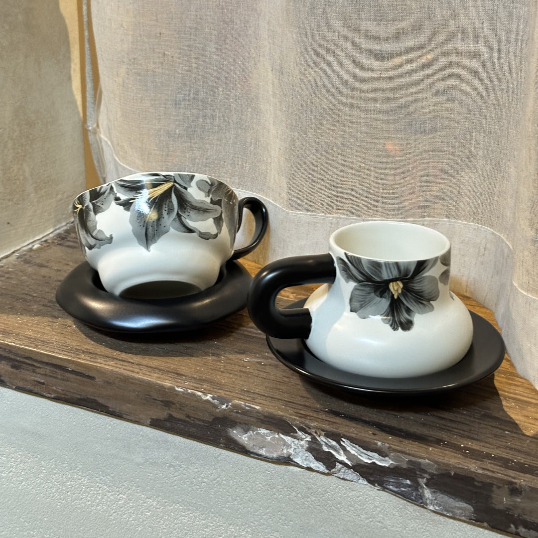 Vintage-Inspired Ceramic Coffee Mug with Saucer, Underglaze Color Milk Cup