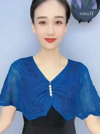 Knitted Poncho Shawl with Brooch - Lightweight Sun Protection Cover-Up for Spring/Summer