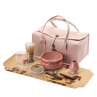 Japanese Matcha Tea Ceremony Set with Ceramic Bowl, Bamboo Whisk, and Portable Leather Bag