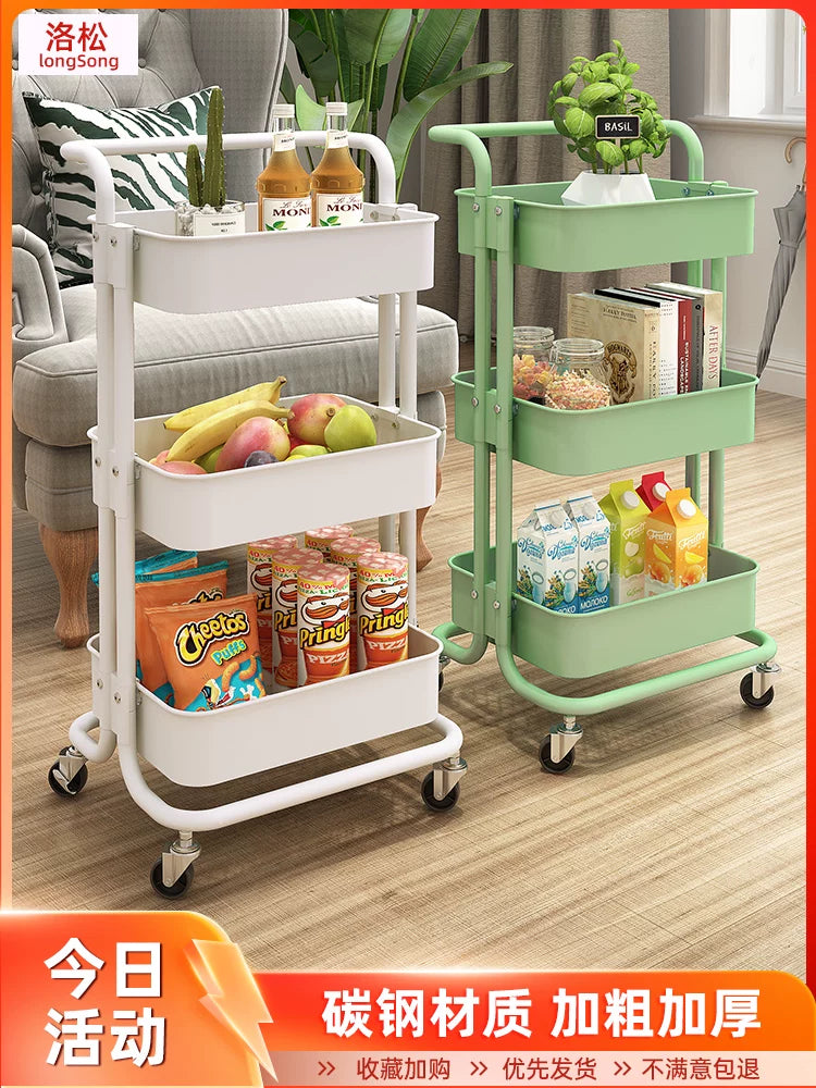 3-Tier Rolling Utility Cart with Handle and Hanging Basket, Heavy-Duty Carbon Steel Storage Organizer for Kitchen, Living Room, Nursery, Bathroom