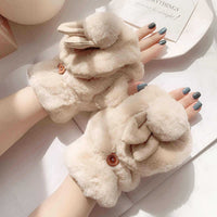 Winter Plush Lined Cartoon Rabbit Ear Gloves for Students, Thickened Warm Cycling Gloves