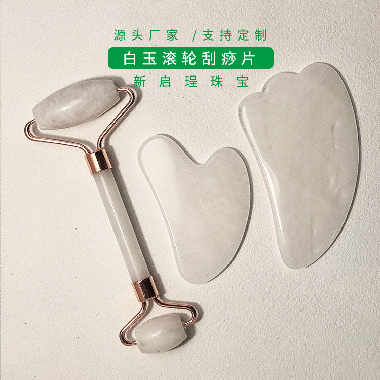 Natural White Jade Facial Roller and Gua Sha Set for Face and Eye Massage