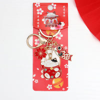 Cute Japanese Lucky Cat Keychain with Koi Fish Charm, Metal Bag Pendant Gift
