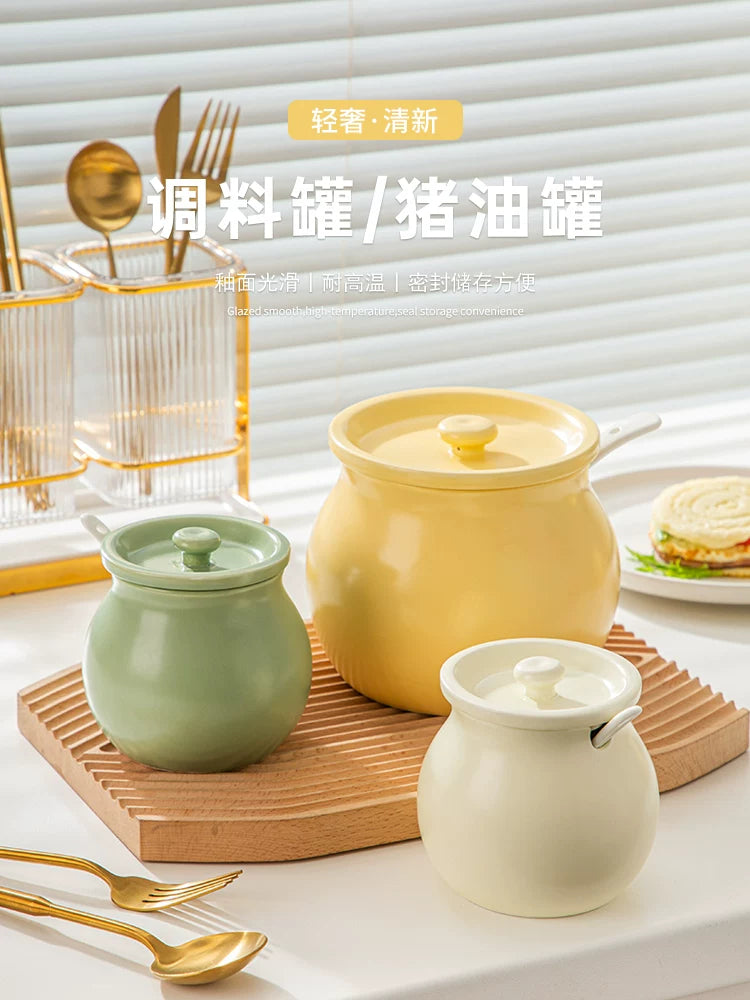 Ceramic Lard Container with Lid, High-Temperature Resistant Seasoning Jar for Chili Oil, Salt, and Spices