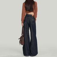 Women's American Style Dark Blue Wide Leg Jeans Loose Fit Straight Trousers