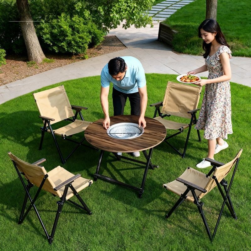 Foldable Outdoor Fire Pit Tea and Grill Table Set for Home, Camping and Patio Use