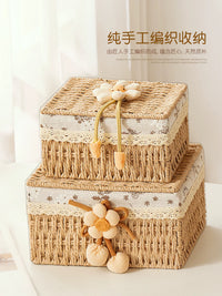Woven Desktop Storage Basket with Lid for Snacks, Jewelry, and Cosmetics