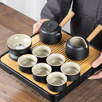 Japanese Style Black Pottery Kung Fu Tea Set with Tray for Home and Office