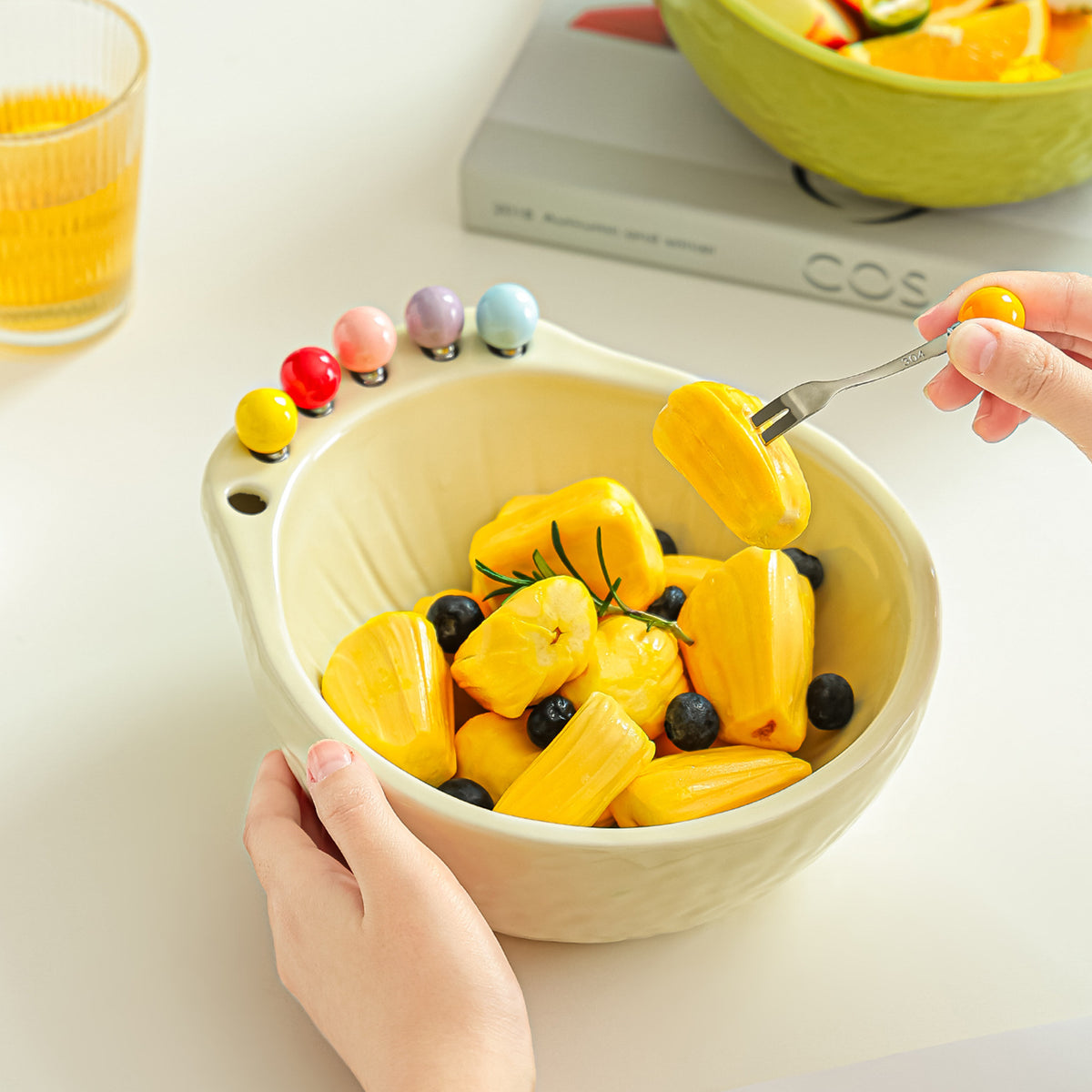 Avocado Ceramic Fruit Bowl with Forks Set, Creative Living Room Coffee Table Decor