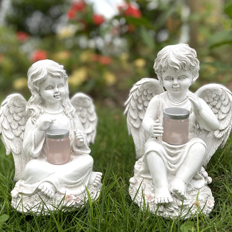 Solar Powered Angel Statue Garden Decor with Lantern - Boy or Girl Resin Figurine for Outdoor Patio Yard