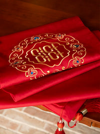 Red Wedding Table Runner with Double Happiness Character for Engagement and Celebration Decor