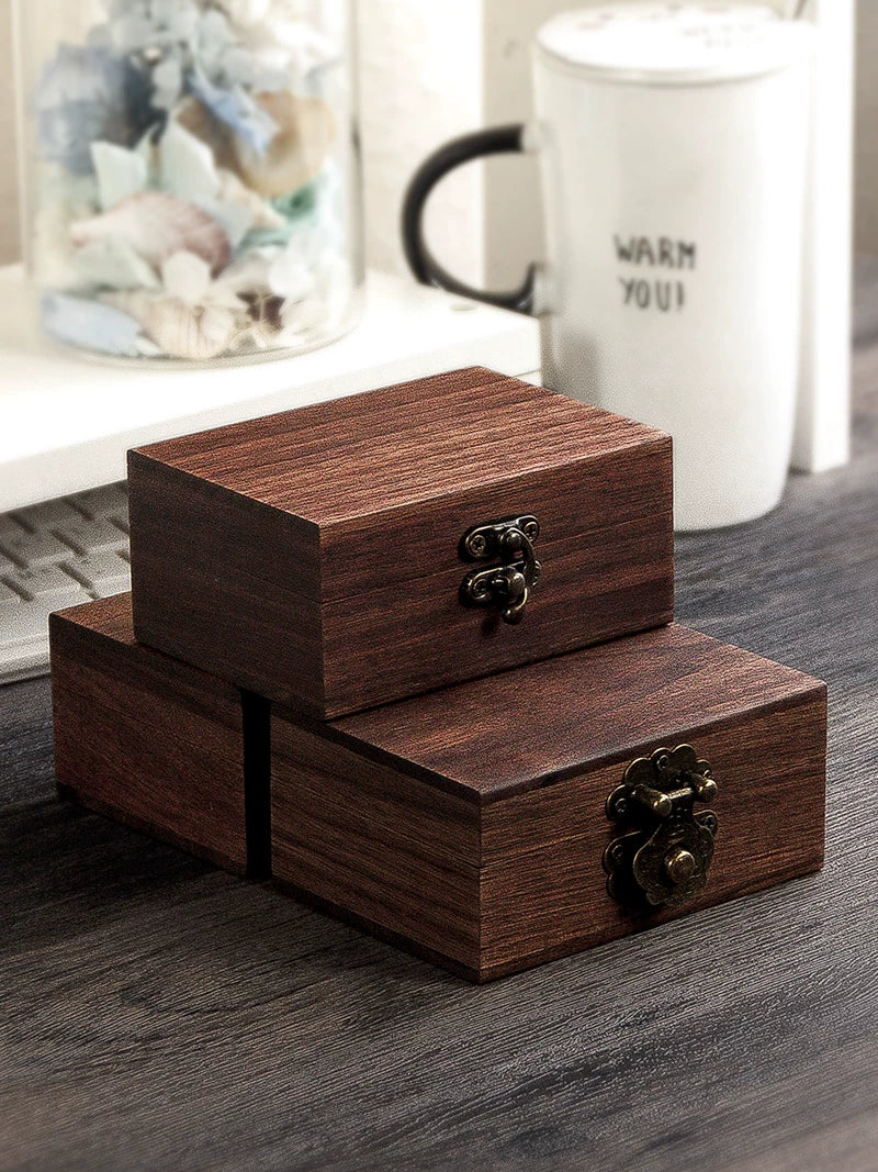 Black Walnut Solid Wood Vintage Rectangular Storage Box with Lock