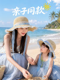 French Lace Tie Straw Hat for Women and Kids - Wide Brim Sun Protection Beach Hat