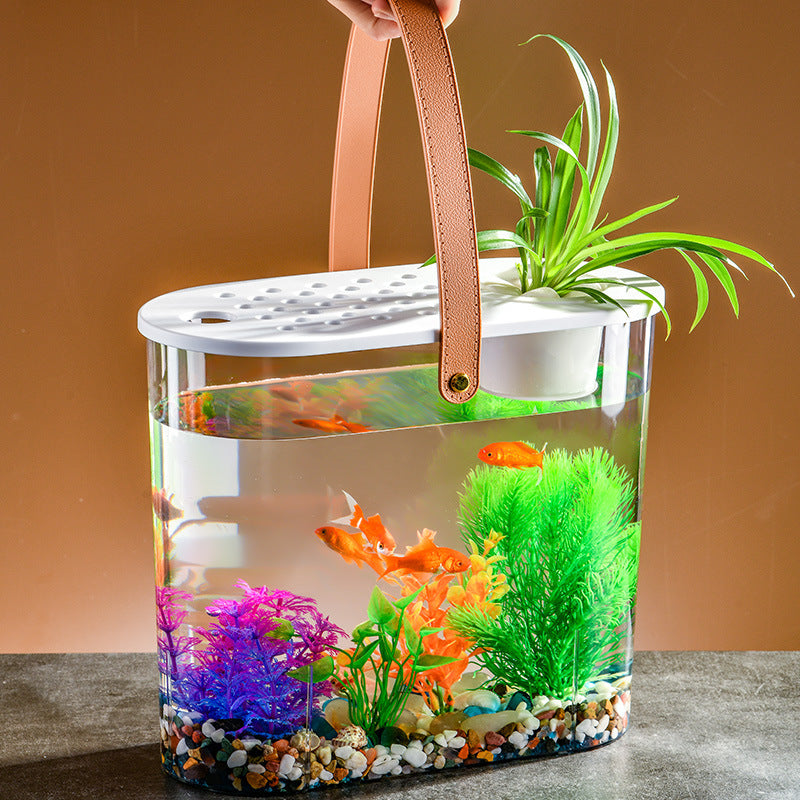 Portable Desktop Fish Tank with Lid for Home Living Room, Clear Hydroponic Micro-Landscape Goldfish Bowl Ornament