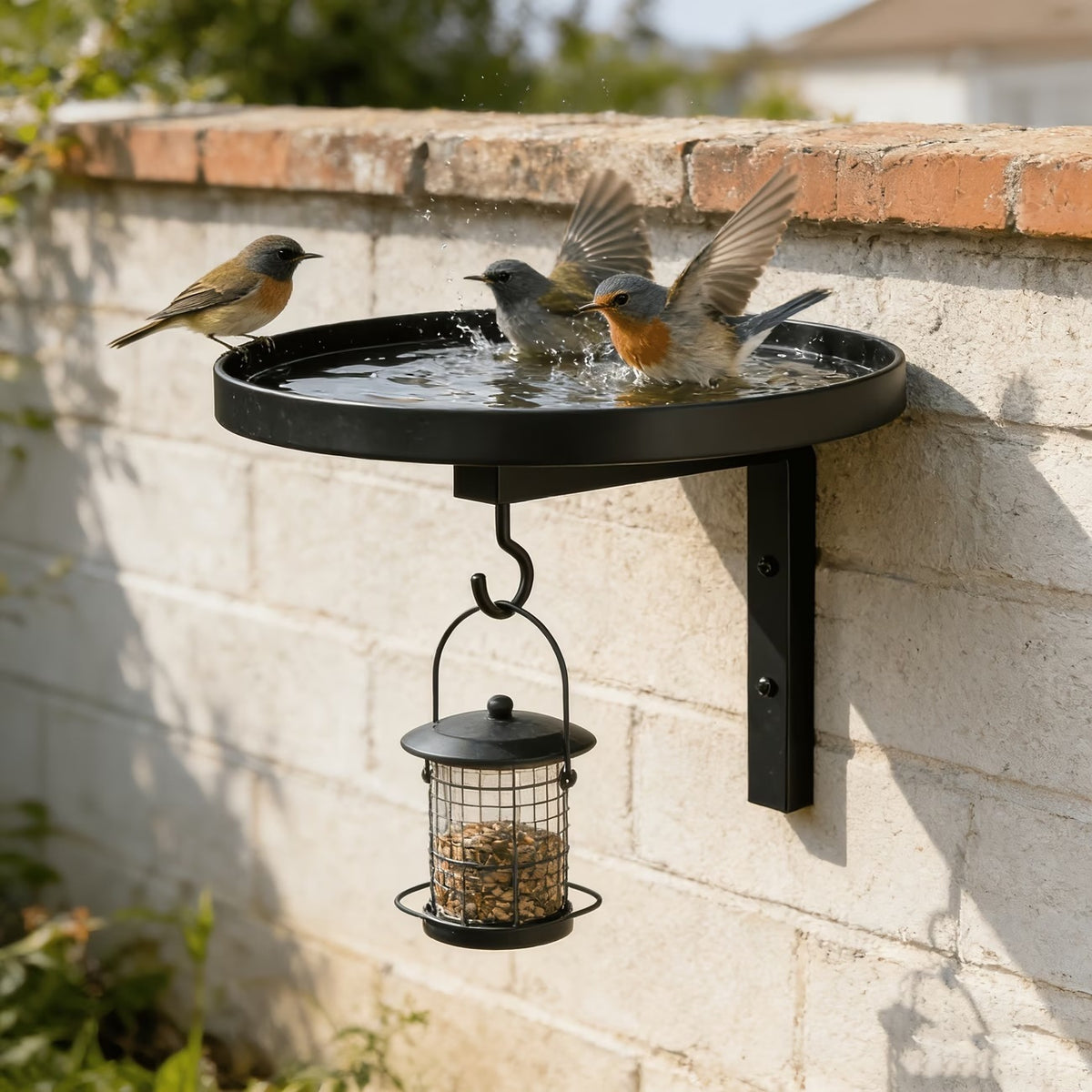 Wall-Mounted Metal Bird Bath Feeder with Hook for Outdoor Garden Patio Decor