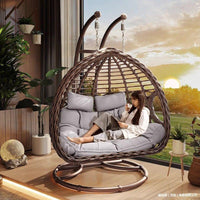 Outdoor Indoor Wicker Swing Chair with Stand, Rattan Hanging Basket Seat for Patio Balcony Garden