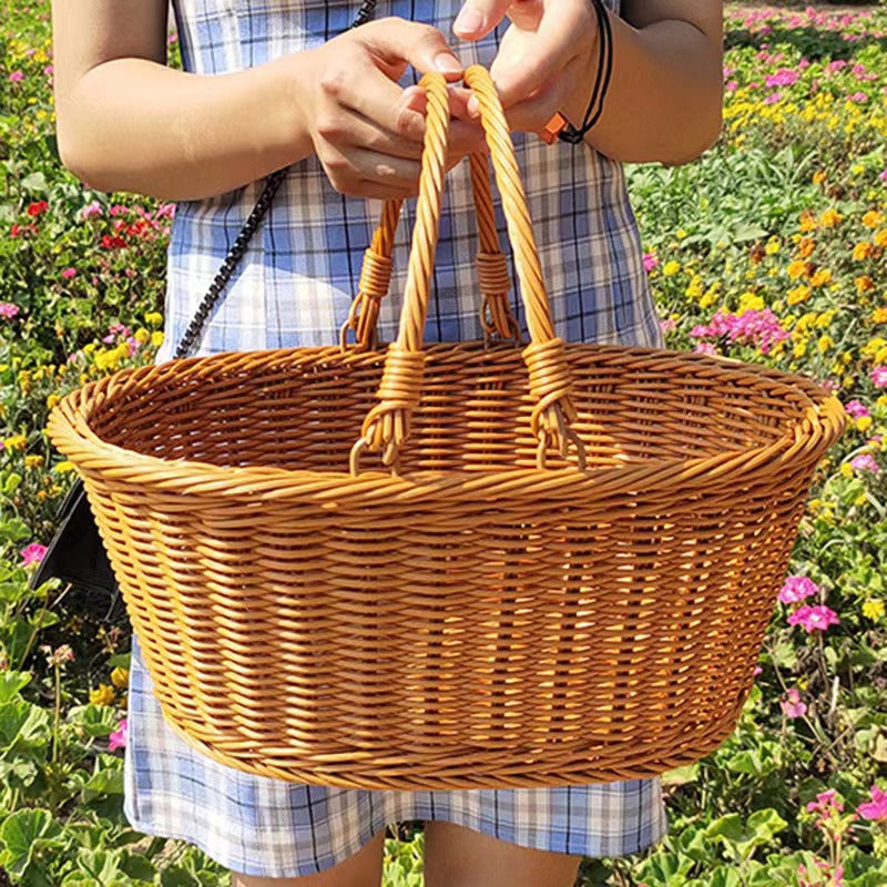Handwoven Rattan Picnic Basket with Handle, Easy-Clean Storage for Snacks and Fruits