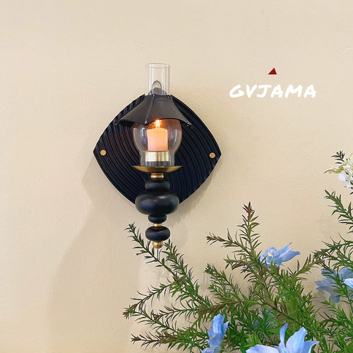 GVJAMA Vintage Glass and Solid Wood Candlestick Wall Decor for Home and Hotel