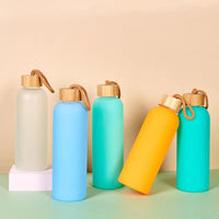 750ml Large Capacity Glass Water Bottle with Bamboo Lid and Carrying Strap, Portable Candy Color Sports Bottle for Students