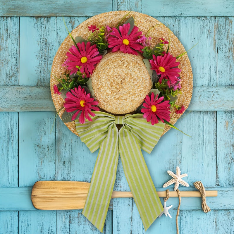 Sunflower and Bee Wreath for Front Door Decor, Artificial Straw Hat Floral Garland for Home Living Room
