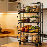 Multi-layer Kitchen Storage Cart with Wheels, Iron Art Storage Basket, Fruit and Vegetable Rack, Snack Organizer, No Installation Required