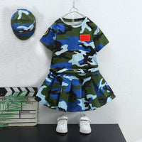 Kids Camouflage Summer Outfit Set for Boys and Girls - Short Sleeve Top, Shorts/Skirt, and Hat