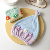 Coral Fleece Hair Drying Cap and Bath Towel Set with Floral Design