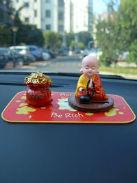 Solar-Powered Nodding Monk Car Dashboard Ornament with Wooden Fish