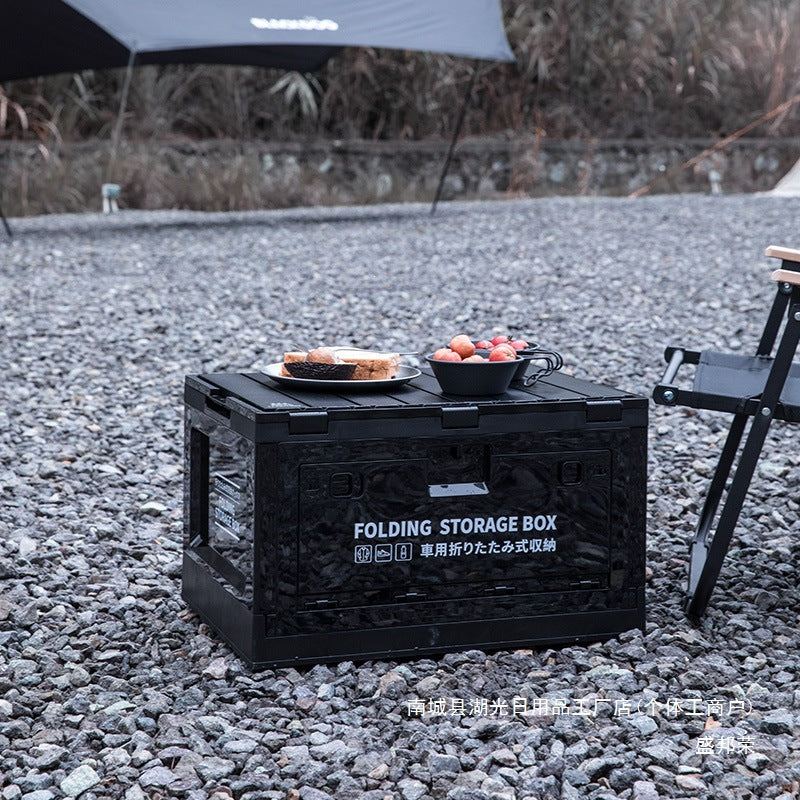 Outdoor Camping Storage Box with Foldable Aluminum Alloy Table Lid, Industrial Style Car Trunk Organizer