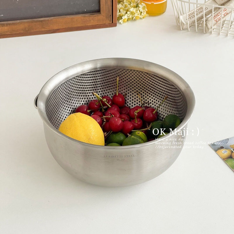 Thickened Stainless Steel Rice Washing Basin and Dough Mixing Bowl Set with Drainer Basket for Kitchen