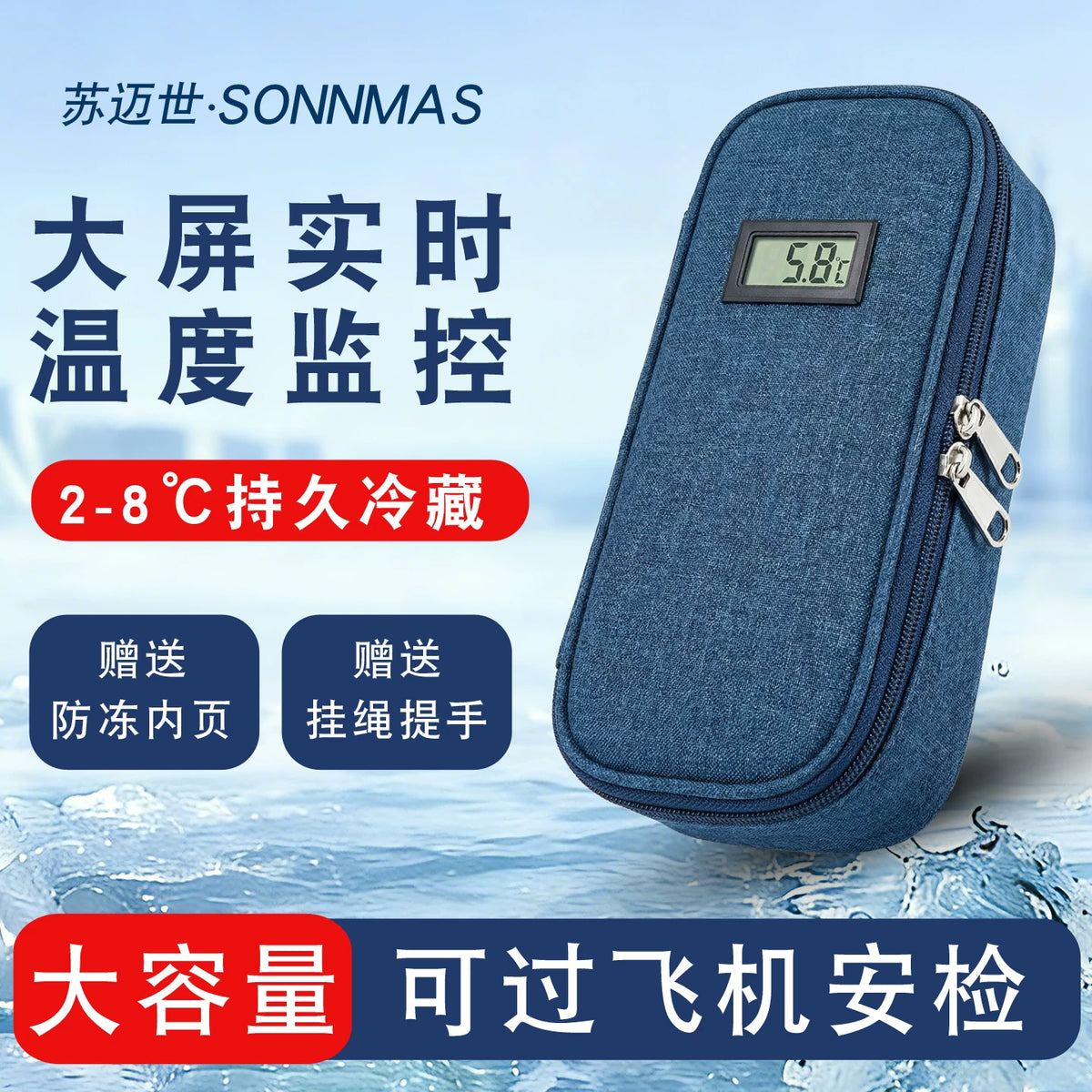 Portable Insulated Cooler Bag for Insulin and Medicines with Temperature Display, Ice Packs and Removable Handle