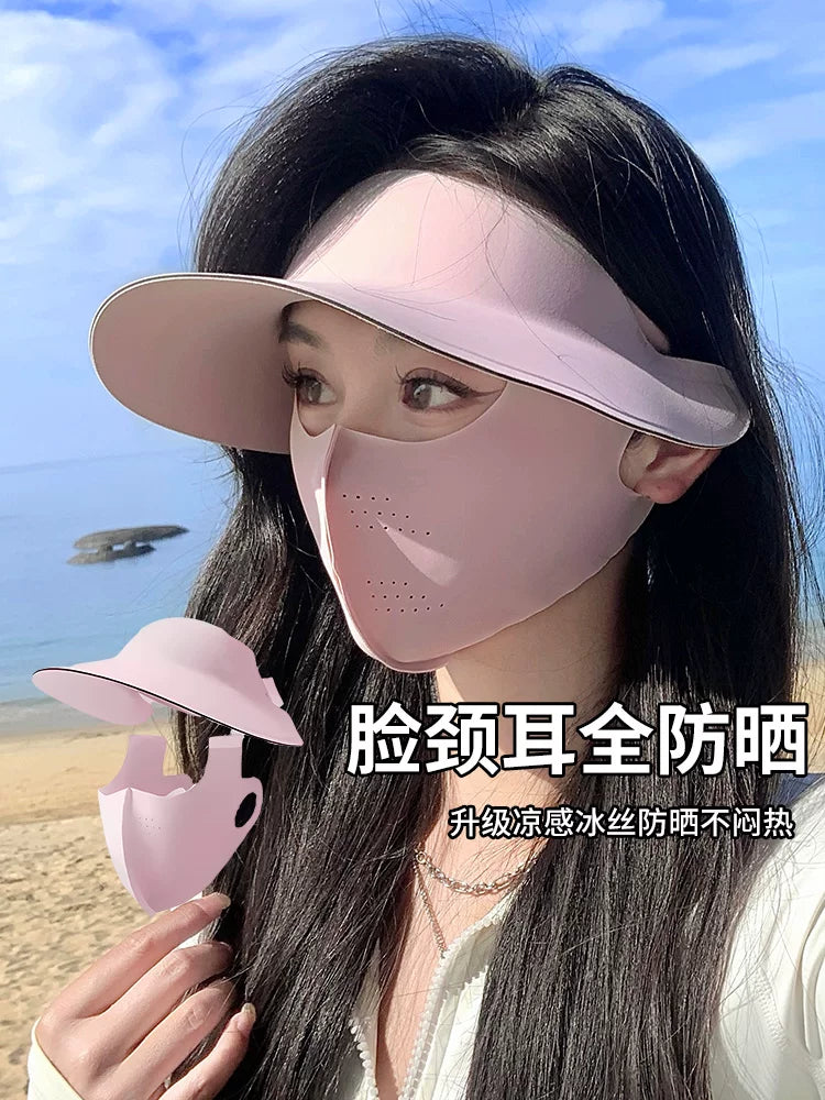 Sun Protection Visor Hat with Detachable Face Mask and Neck Flap for Summer Outdoor Activities