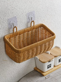 Hand-Woven Imitation Rattan Storage Basket for Kitchen Garlic Ginger Onions Eggs Fruits Wall-Mounted