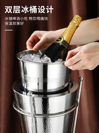Thickened Stainless Steel Double-Layer Champagne Ice Bucket with Display Stand for Bar