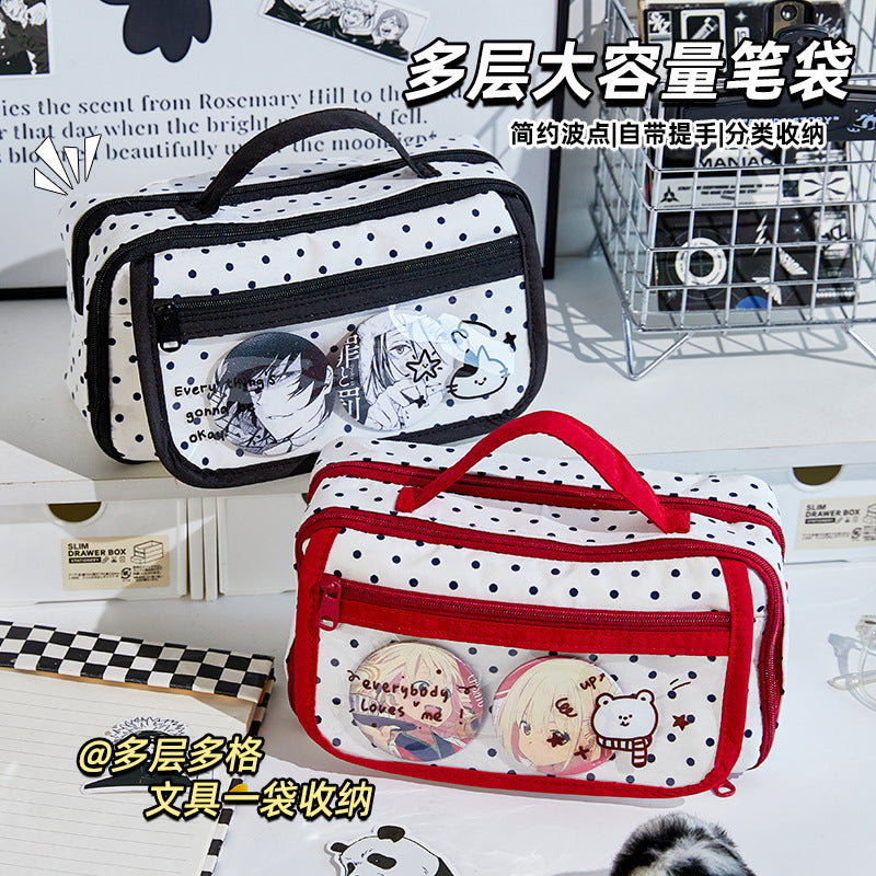 Minimalist Japanese-Style Polka Dot Ita Bag Pencil Case with Large Capacity