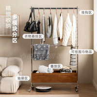 Stainless Steel Garment Rack with Wooden Cabinet/Drawer, Rolling Clothes Hanger for Bedroom
