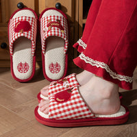 Red Wedding Slippers for Couples - Non-Slip Breathable Linen House Shoes for Bride and Groom