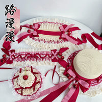 Cherry Ripe Lolita Handmade Cake Mini Hat Sun Hat with Wine Red Plaid Headband BNT